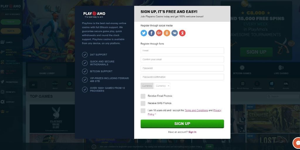 PlayAmo registratiepagina